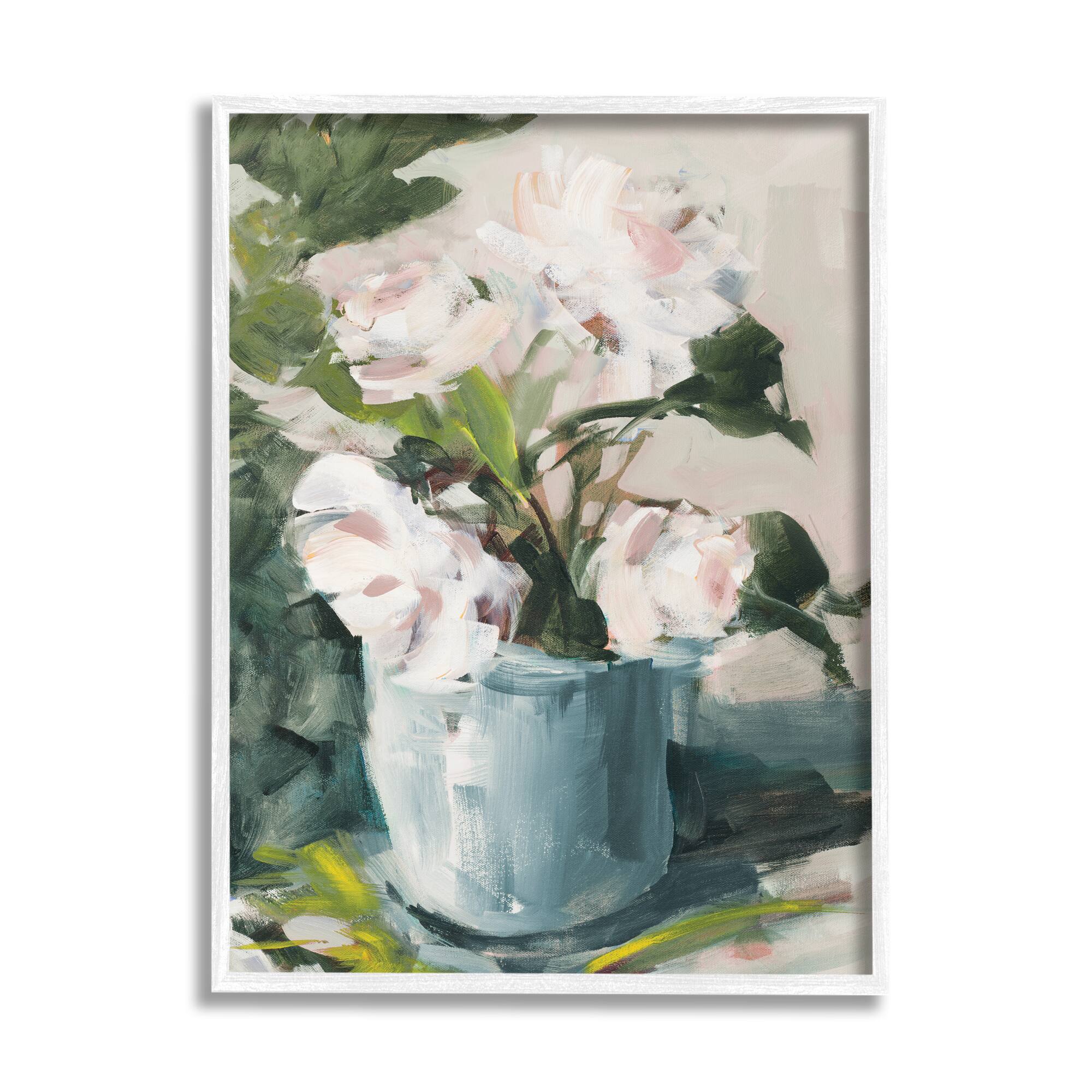 Stupell Industries Impressionist Potted Flowers Green Leaves Pink Petals in White Frame Wall Art